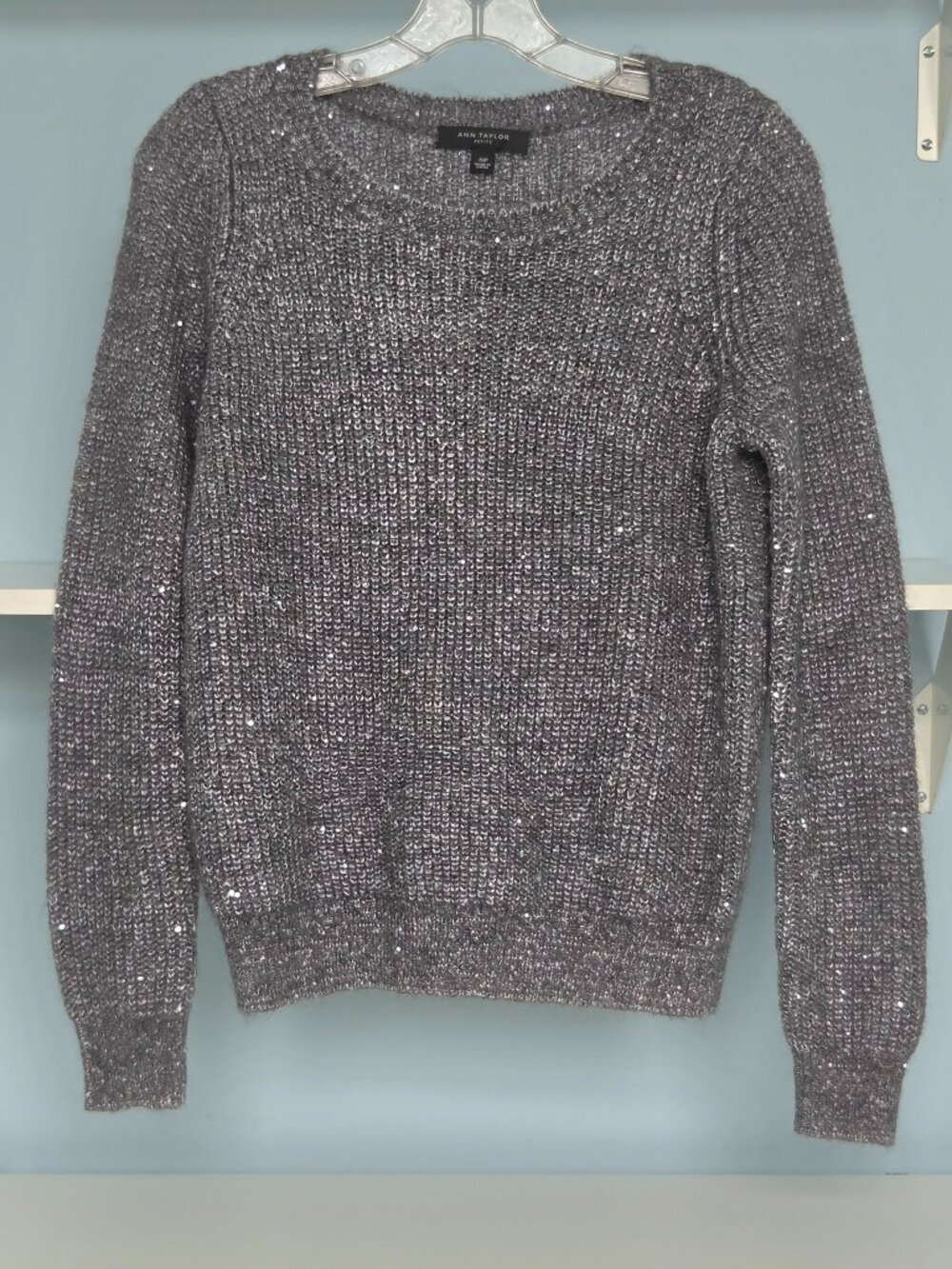 ANN TAYLOR SILVER-GRAY AND SEQUINS SPARKLE SWEATER, SIZE SP